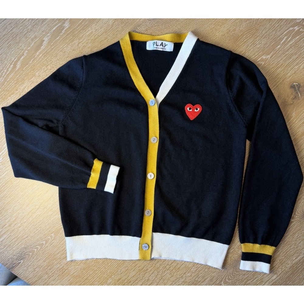 COMME DES GARCONS Red Heart Patch Cardigan Sweater button color Black wool Women
